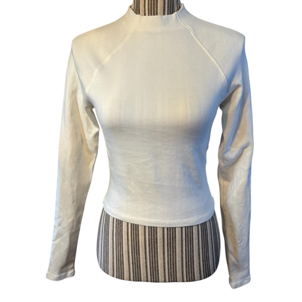 Zara Top Large White Long-Sleeve Mock Neck Slim Fit Org Cotton Stretch Skimming